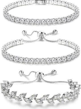 Elegant Silver Tennis Bracelets Set | 3Pcs Adjustable CZ Diamond Jewelry for